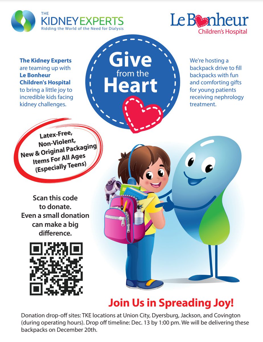 🎒🎁 Calling all kindness champions! 🎁🎒

Let's team up to bring some extra holiday magic to the incredible kids at Le Bonheur Children's Hospital! ✨ 
#GiveFromTheHeart #LeBonheur #BackpacksOfJoy #KidneyWarriors #TheKidneyExperts #CommunityGiving #DonateToday #GiveWhatYouCan
