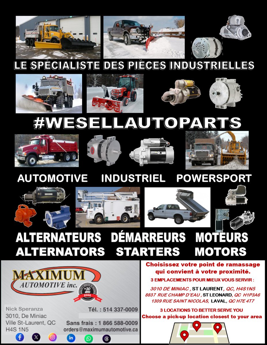 MAXIMUMAUTO's tweet photo. 🚜🚚🚍🏍🚗🚤
@Montreal  #wesellautoparts #alternators #startergenerators #motors #wipermotors #tarpmotors #calipers #rackandpinion #motoroil #batteries #dcmotors #truckparts #piecescamions #poidslourd #industrialmechanic #constructionequipment #transportationindustry #snowremoval https://t.co/tankQESqHE