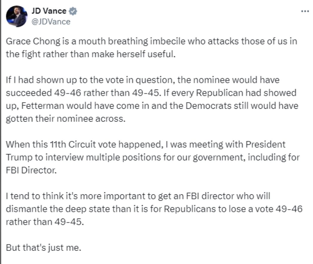 The VP-elect tweeted, then deleted, a message calling Steve Bannon's producer <a href="/gc22gc/">Grace Chong, MBI</a> a "mouth-breathing idiot." 

Simultaneously grotestque behavior for an incoming VP and the first battle of the delicious infighting to come.