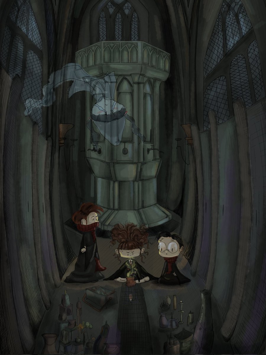 roshanafartii's tweet photo. This is my digital painting inspired by a scene from “Harry Potter and the Chamber of Secrets.Harry, Ron, and Hermione brewing Polyjuice Potion in the bathroom with Moaning Myrtle:) 🧙♂️🧙♀️👻
#HarryPotter #ChamberOfSecrets #MoaningMyrtle #PolyjuicePotion #Illustration #ConceptArt https://t.co/No8RNZYWKA