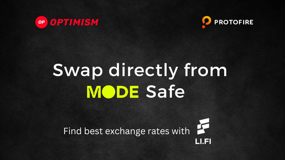 protofire's tweet photo. Yay! Swaps are on Mode Safe!🚀
Now you can swap directly from your Safe on Superchain Safe -> @ModeNetwork Mainnet.
Powered by the robust @LiFiprotocol, Swaps are made easy. Try it out — simply access your Safe and click Swap!

👉Get started: https://t.co/vLwRYRkxLO https://t.co/qeB9egWrzu