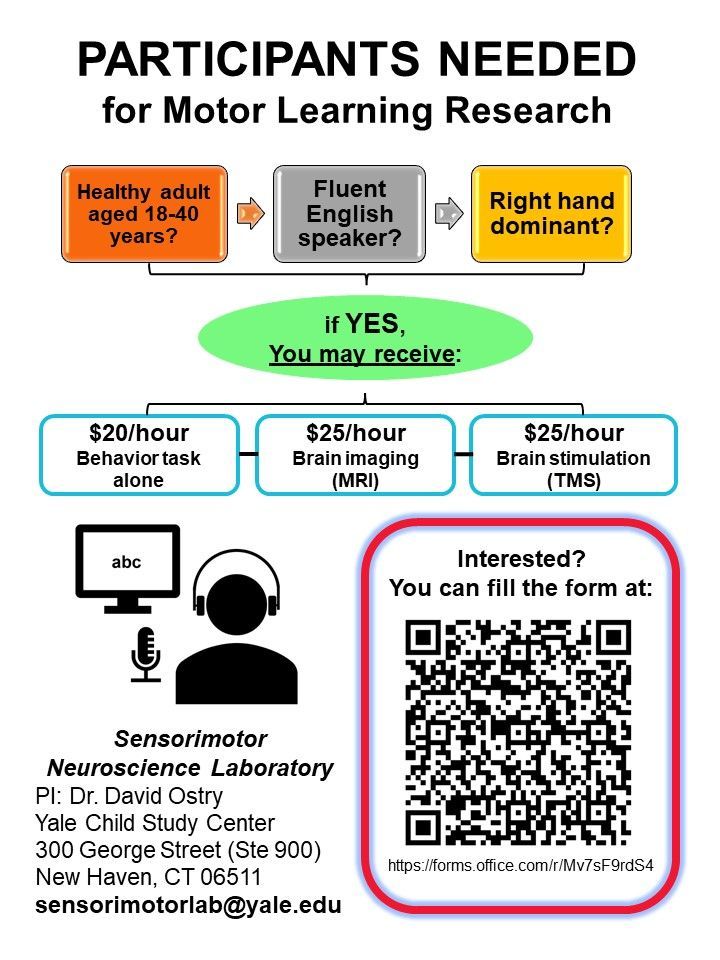 Sensorimotor neuroscience laboratory at the Yale Child Study Center is recruiting participants for a study involving speech task and brain stimulation. Interested folks can fill out a form linked at buff.ly/4fUD6UW, which includes a brief study description.