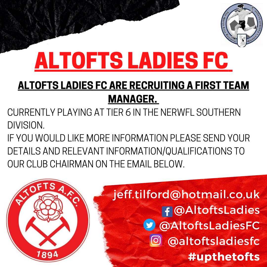 Altofts Ladies FC have an exciting opportunity available and are recruiting for a first team manager. 
See the information below and get in touch for more details! 

<a href="/AltoftsAFC/">Altofts AFC</a> 
<a href="/AltoftsJFC/">Altofts Juniors FC</a> 
@WoSoRecruitment