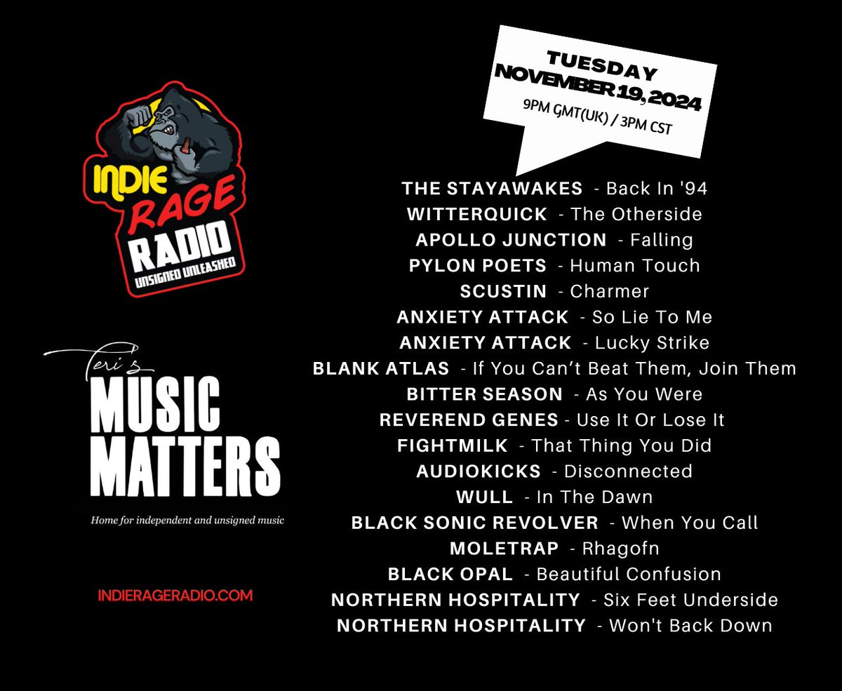 Today 9pmUK 3pmCST 
Tune into <a href="/IndieRageRadio/">Indie Rage Radio</a> 
🔊indierageradio.com 
#MusicMatters play fantastic new music from
<a href="/reverendgenes/">Reverend Genes</a> @fightmilkband <a href="/audiokicksband/">Audiokicks</a> <a href="/wullband/">Wull</a> <a href="/BSRevolver/">Black Sonic Revolver</a> #Moletrap <a href="/Blackopal_band/">BlackOpal_band</a> <a href="/Northernhosband/">Northern Hospitality</a> +more Info:facebook.com/MusicMattersWi… 
#NewMusicAlert