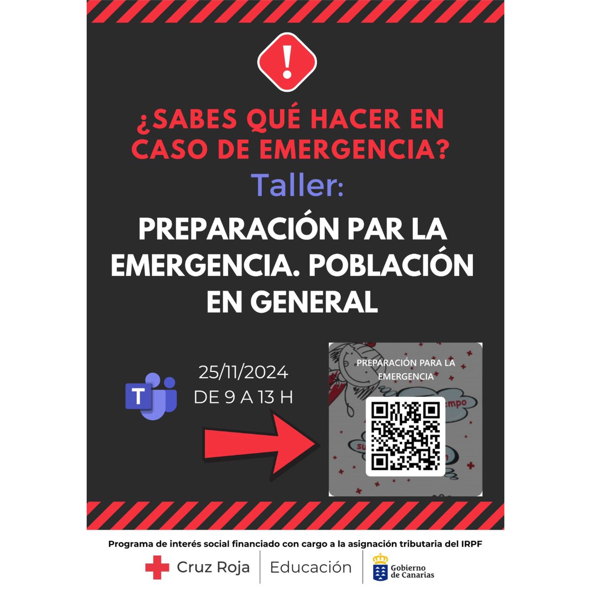 CruzRojaProvTfe's tweet photo. ¡No te pierdas el "Taller de Preparación para la Emergencia", financiado por los fondos IRPF del Gobierno de Canarias! Está dirigido al voluntariado de Cruz Roja Española en la Provincia de Santa Cruz de Tenerife.

 👉Inscríbete: https://t.co/y8Wg36rvfY
#FormaciónCRTenerife https://t.co/1NjWavvhTG