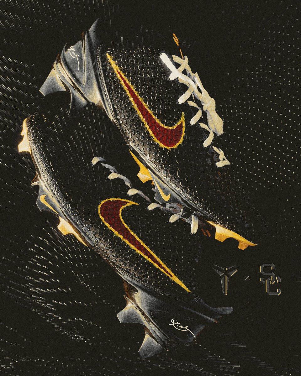uscfb's tweet photo. introducing the Nike Kobe 6 “USC” cleat! 🔥🐍✌️

Modeled after the pair Kobe Bryant debuted on Christmas Day 2010 and exclusively customized for the USC Trojans.

The team will debut these new cleats this weekend for the game against UCLA. https://t.co/8C7KQvjidM