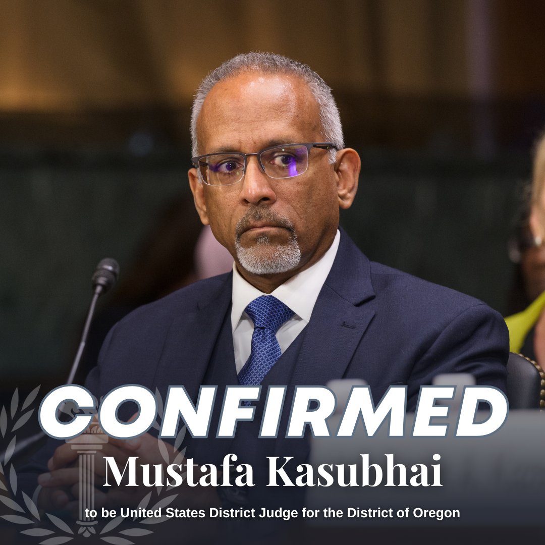 JudiciaryDems's tweet photo. CONFIRMED: Mustafa Kasubhai to the District of Oregon

Judge Kasubhai is currently a sitting magistrate judge on this court.

His judicial experience and deep ties to Oregon make him well-prepared to serve as a lifetime federal judge. https://t.co/7a20Kei7jg