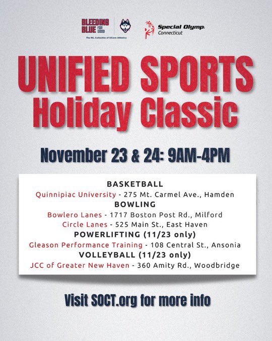 Join <a href="/SOCTconnecticut/">Special Olympics CT</a> for the Unified Sports Holiday Classic on November 23rd &amp; 24th, from 9AM-4PM! 

For full event details, visit SOCT.org