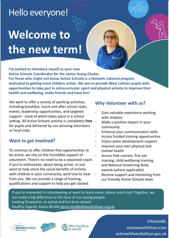 Active Schs JamesYng (@actives_jamesy) on Twitter photo 👋 Meet the Team 👋
I’m Mrs Brodie, the new Active Schools Coordinator for the <a href="/JamesYoungHS/">JYHS</a> cluster 😁
I’m looking forward to working with all the cluster schools <a href="/banktonps/">Bankton Primary Sch</a> <a href="/BellsquarryPS/">Bellsquarry Primary and ELC</a> @dedridgeps <a href="/williamstonps/">Williamston Primary</a> <a href="/JyhsPe/">JYHS PE</a> 👋 Meet the Team 👋
I’m Mrs Brodie, the new Active Schools Coordinator for the <a href="/JamesYoungHS/">JYHS</a> cluster 😁
I’m looking forward to working with all the cluster schools <a href="/banktonps/">Bankton Primary Sch</a> <a href="/BellsquarryPS/">Bellsquarry Primary and ELC</a> @dedridgeps <a href="/williamstonps/">Williamston Primary</a> <a href="/JyhsPe/">JYHS PE</a>