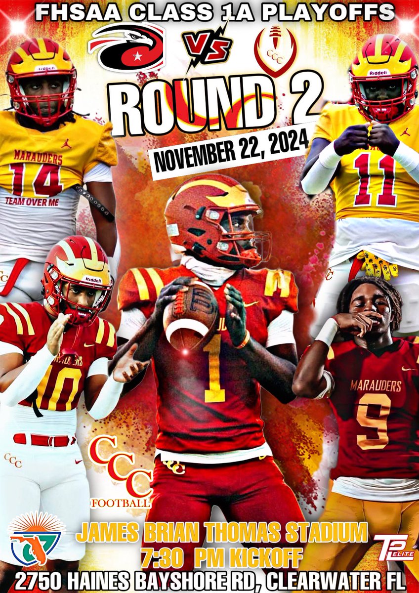 2nd Round playoffs live at James Brian Thomas stadium… Carollwood day high school vs CCC! 7:30PM Come out and watch the show!! # Feels good to be a marauder! Clearwater Central Catholic High School