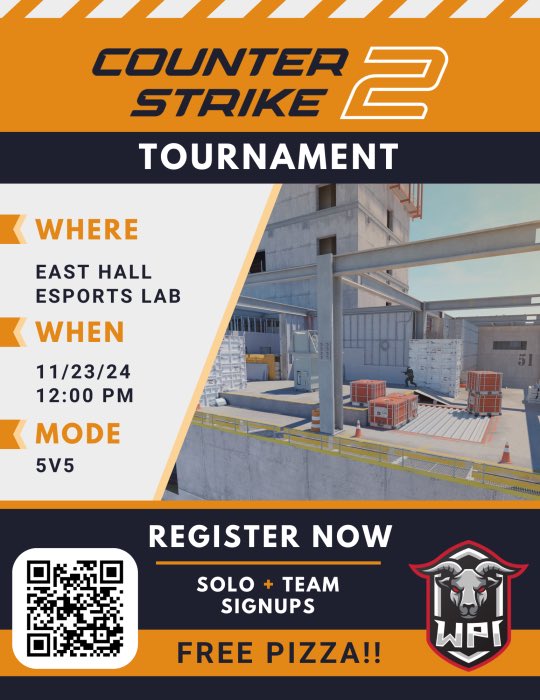 We'll be hosting a CS2 Tournament on 11/23 at 12PM in Esports Lab in East Hall! Free pizza is provided!

Event is open to all WPI students, regardless of rank! 5v5 format - sign up alone or with partners. Signups close on 11/21 at 11:59PM.

Form link: forms.gle/aV9r5DuJTWQm9A…