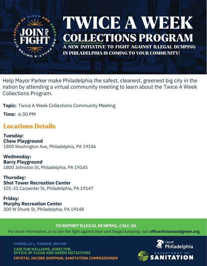 Residents from Callowhill St to Pattison Ave (Schuylkill Expy to Delaware Ave), join the remaining virtual meetings to learn about the Twice-A-Week Trash Collection Program:  ttps://www.phila.gov/2024-11-14-twice-a-week-trash.../. In-person meetings are available!
