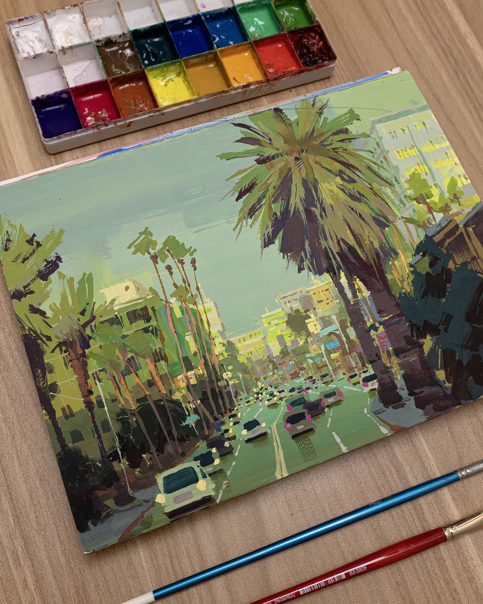 Green sunset Hollywood Blvd. 

What is your color of the sunset? I find it interesting that the same lighting can be portrayed in different hues to evoke specific emotions about a scene. 
#gouache #artprint #sunset