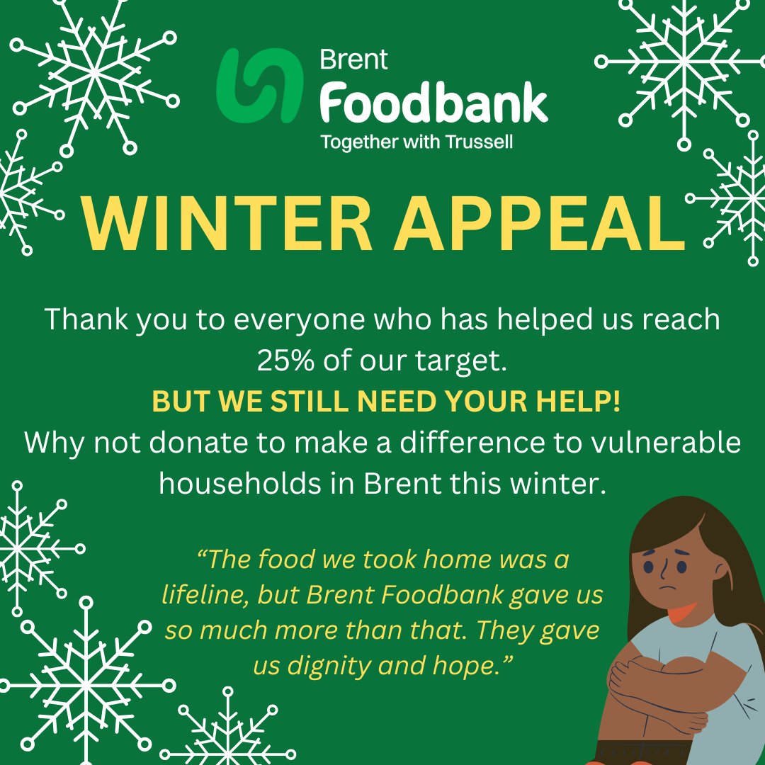 We're a 1/4 of the way to reaching our Winter Appeal target! Thank you so much to everyone who has donated &amp; for supporting vulnerable households this winter.  To make a difference &amp; help us reach our target, why not donate?!🔗 brent.foodbank.org.uk/give-help/wint… Thank you! 💚