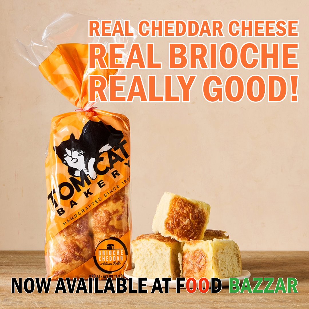 TomCatBakery's tweet photo. Tom Cat Bakery introduces: The Brioche Cheddar Pullapart Roll. Our world-famous brioche generously topped with real cheddar cheese. One roll is never enough! #TomCatBakery #CheddarBrioche #foodbazzar https://t.co/WUrFlRr7u1