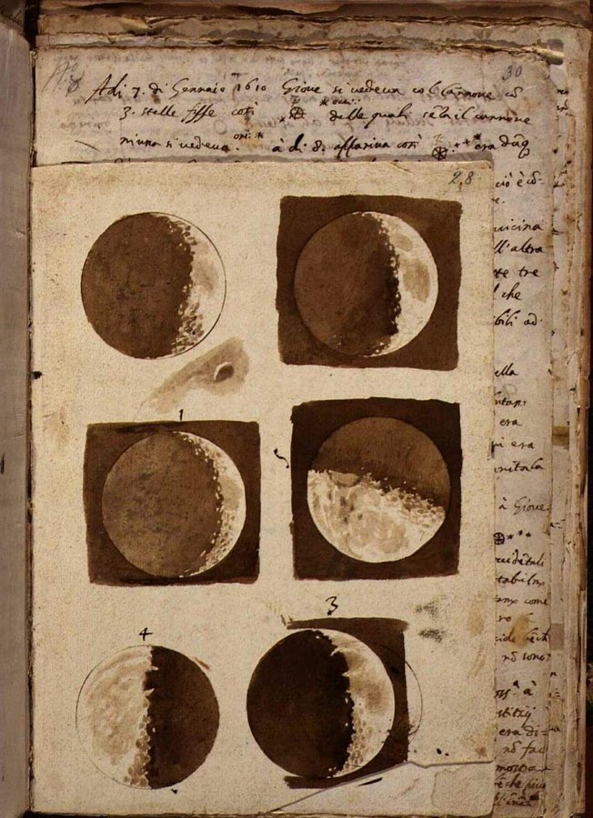 The first drawings of the moon made by Galileo Galilei after he observed it through his telescope in 1609.