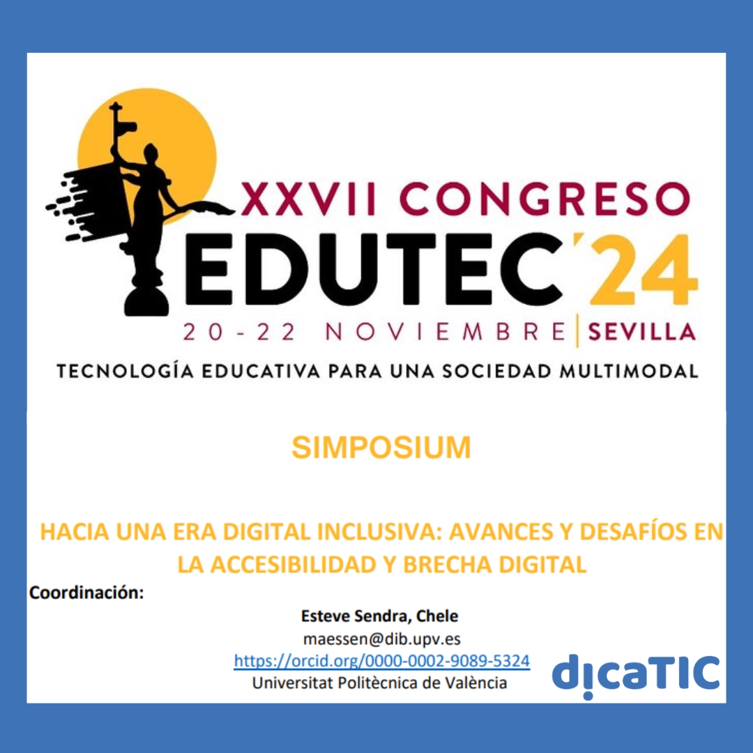 🖊 <a href="/chele_esteve/">Chele Esteve Sendra</a>, D. Cátedra de Brecha Digital y Discapacidad de <a href="/UPV/">Universitat Politècnica de València</a> y <a href="/GVAinicotur/">GVA Inicotur</a>, coordina el simposio ‘Hacia una era digital inclusiva: Avances y desafíos en accesibilidad y brecha digital’, en <a href="/edutec_24/">EDUTEC 2024</a>, del 20 al 22/11 en <a href="/unisevilla/">Universidad de Sevilla</a> 
▶️dicatic.webs.upv.es/dicatic-coordi… #edutec2024
