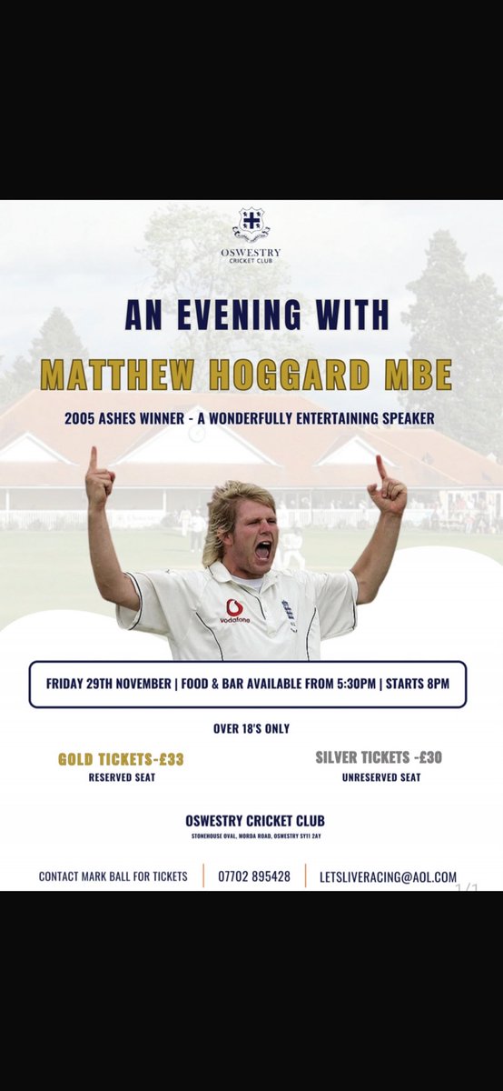 Limited tickets still available for this evening, don’t miss out and book now to meet and listen to an England cricket legend and winner of the epic 2005 Ashes series! #shropshirecricket #ashes2005 #barmyarmy #englandcricket