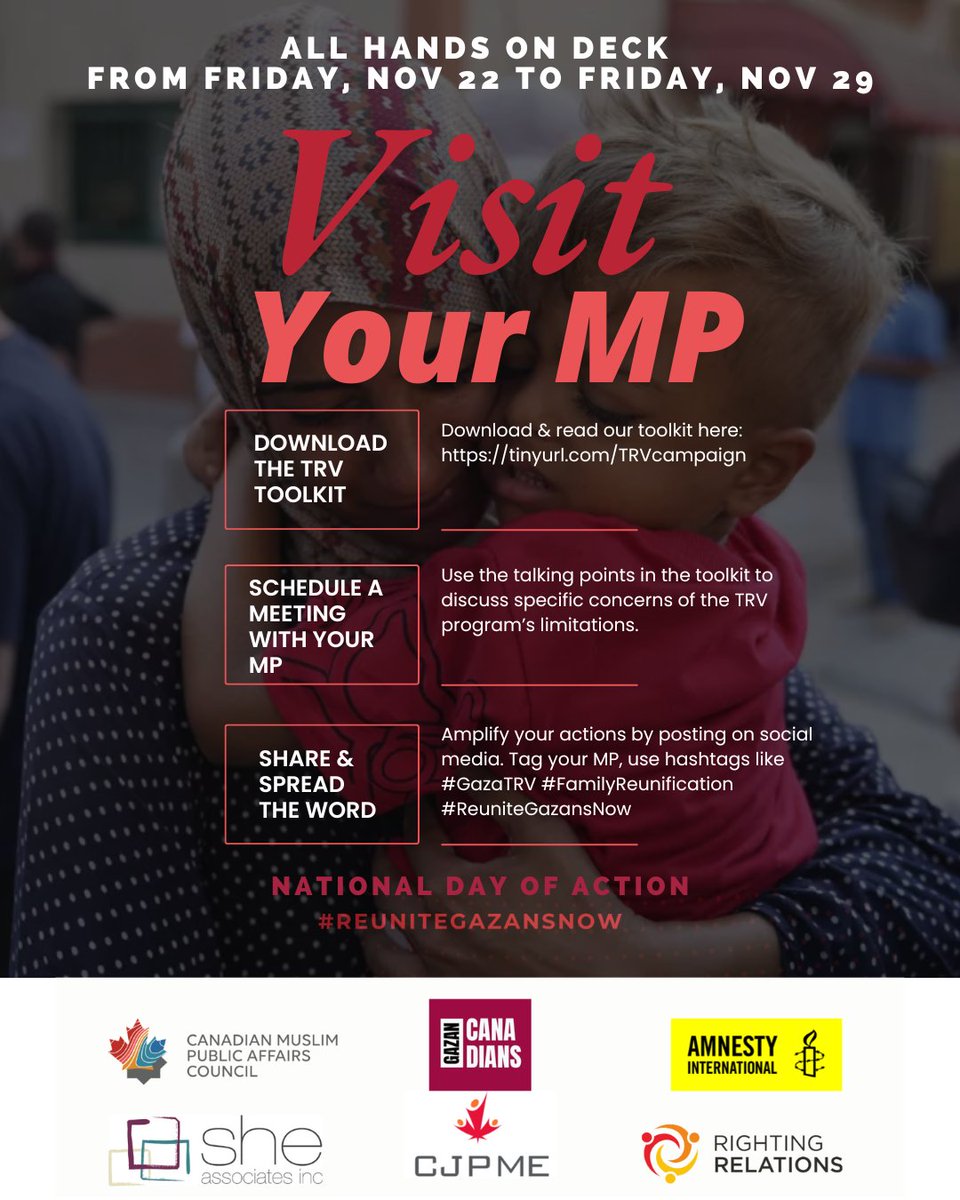 CMPAC is calling for all hands on deck for our “Visit Your MP” campaign! From Friday, November 22 to Friday, November 29, we’re mobilizing a nationwide effort to urge your MPs to address critical flaws in Canada’s Temporary Residence Visa (TRV) program for Palestinians from Gaza.
