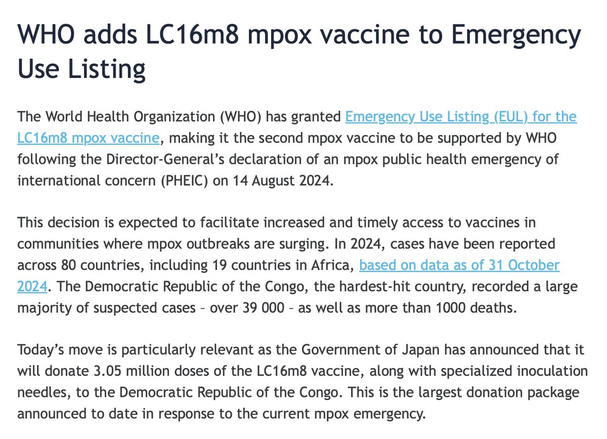 Some good news: <a href="/WHO/">World Health Organization (WHO)</a> has granted an emergency use listing — its equivalent to an <a href="/US_FDA/">U.S. FDA</a> EUA — to Japan's #mpox vaccine. This will facilitate use of the vaccine, particularly in DRC, where Japan has promised to donate 3M doses.