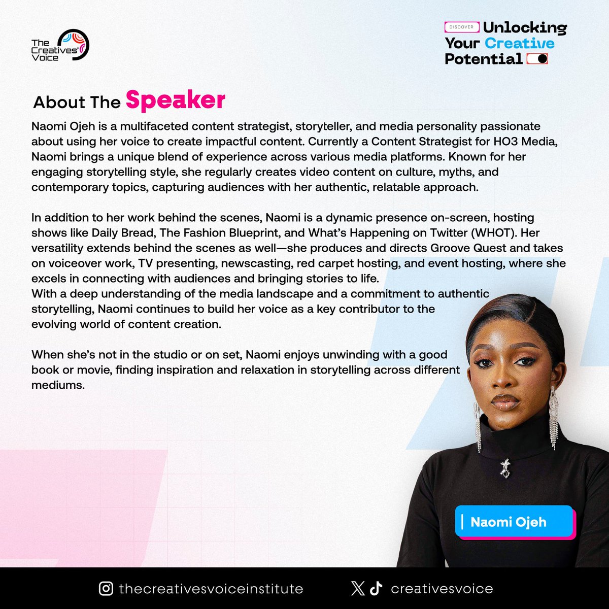 CreativesVoicee's tweet image. Meet Naomi Ojeh: A powerhouse in the media and storytelling space!
From hosting shows like Daily Bread and The Fashion Blueprint to creating captivating video content on culture and contemporary topics, Naomi’s unique voice and passion for authentic storytelling have set apart