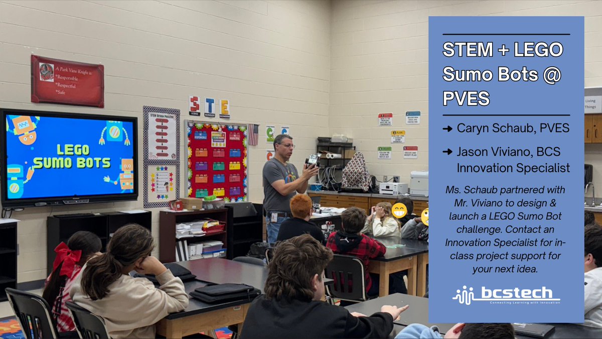 Exciting collaboration alert! <a href="/ParkView_Knight/">Park View Elementary</a> 5th graders are starting a #LegoSumoBot challenge. Can't wait to see these future engineers in action! Shoutout to Ms. Schaub &amp; <a href="/bcs_jvtech/">Jason Viviano - BCS Innovation Specialist</a> for this project!  #STEM #Robotics #Teamwork #bcstech