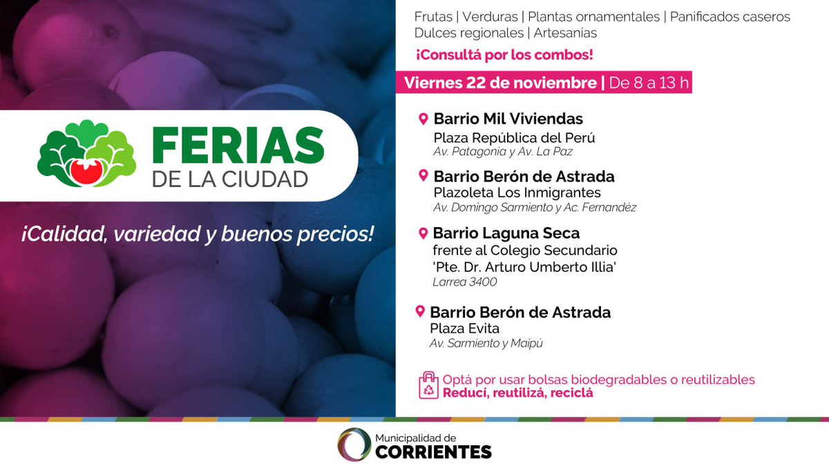 🍆🥑 #FeriasDeLaCiudad | Productos frescos, variedad de frutas y verduras, plantas ornamentales y dulces regionales para toda la familia.

📆 Hoy, hasta las 13
📍 Plaza República del Perú
📍 Plazoleta Los Inmigrantes
📍 Barrio Laguna Seca
📍 Plaza Evita