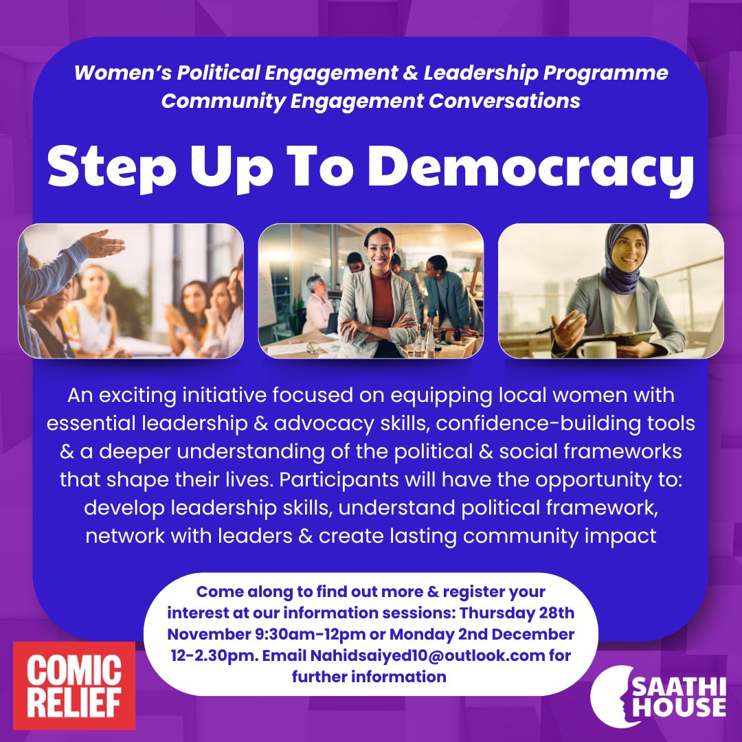 🌟 Step Up To Democracy 🌟
Are you a woman passionate about creating change in your community? 💪 
This incredible Women’s Political Engagement &amp; Leadership Programme is here to empower YOU!

Join us to develop essential leadership &amp; advocacy skills, build confidence &amp; more!