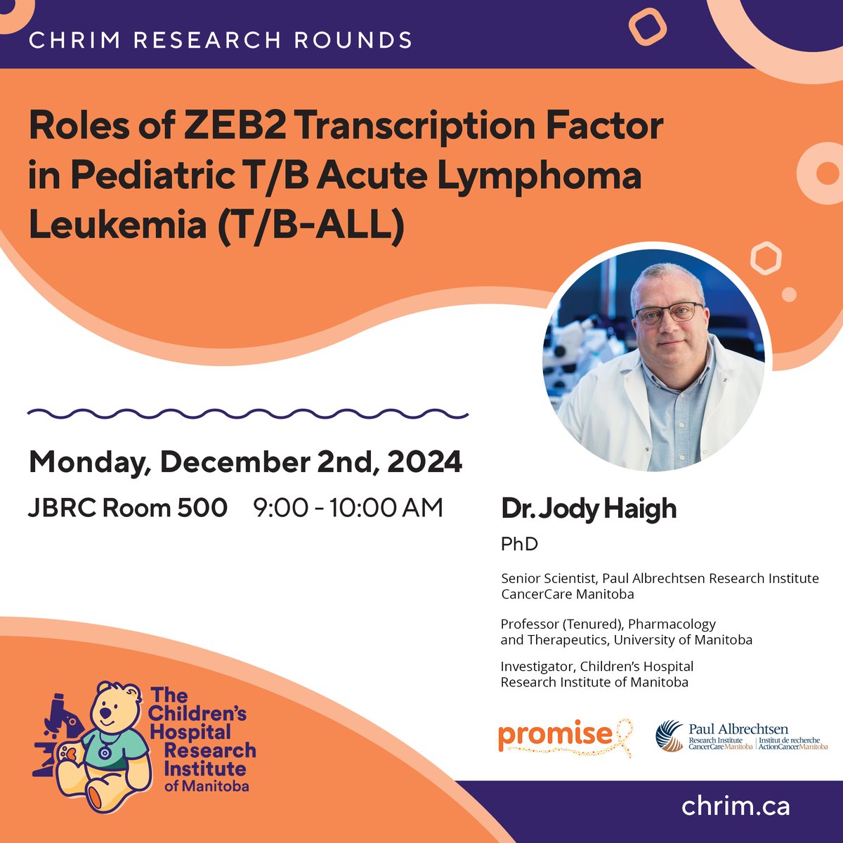 Dr. Jody Haigh will discuss the roles of the ZEB2 Transcription Factor in Pediatric T/B Acute Lymphoma Leukemia (T/B-ALL).

Join us at the JBRC Room on December 2 at 9am. 

#ChildHealthResearch #PediatricLeukemia #ResearchInnovation