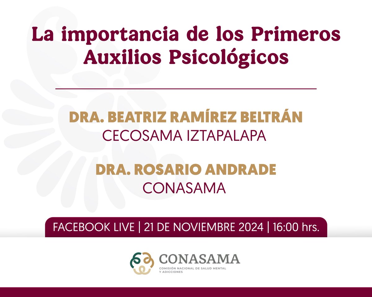 conasamamx's tweet photo. Los primeros auxilios psicológicos son la primera respuesta ante una crisis emocional. Ayudan a estabilizar, conectar y fortalecer.

Te esperamos en el programa #CuidaTuSaludMental con especialistas de CONASAMA y CECOSAMA IZTAPALAPA.

📌FBLive: La importancia de los Primeros Auxilios Psicológicos
📅21 noviembre
🕓16:00 h