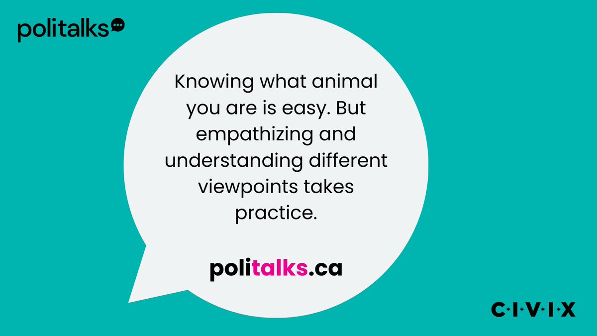 💬🐻 A new perspective-taking card game from PoliTalks: Animal Cards! 💬 🫎

The Animal Cards activity gets students thinking about how different personalities affect our interactions &amp; discussions. Download instructions and cards for free at politalks.ca