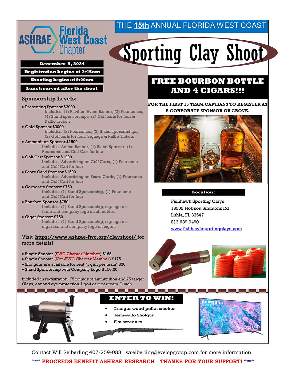 𝐒𝐀𝐕𝐄 𝐓𝐇𝐄 𝐃𝐀𝐓𝐄 and 𝐑𝐄𝐆𝐈𝐒𝐓𝐄𝐑 for the ASHRAE FWC Annual Clay Shoot on 𝐃𝐞𝐜𝐞𝐦𝐛𝐞𝐫 𝟓𝐭𝐡 𝐚𝐭 𝟗:𝟎𝟎 𝐀𝐌 at Fishhawk Sporting Clays, 13505 Hobson Simmons Rd in Lithia. Register here: ashrae-fwc.org/events/claysho…