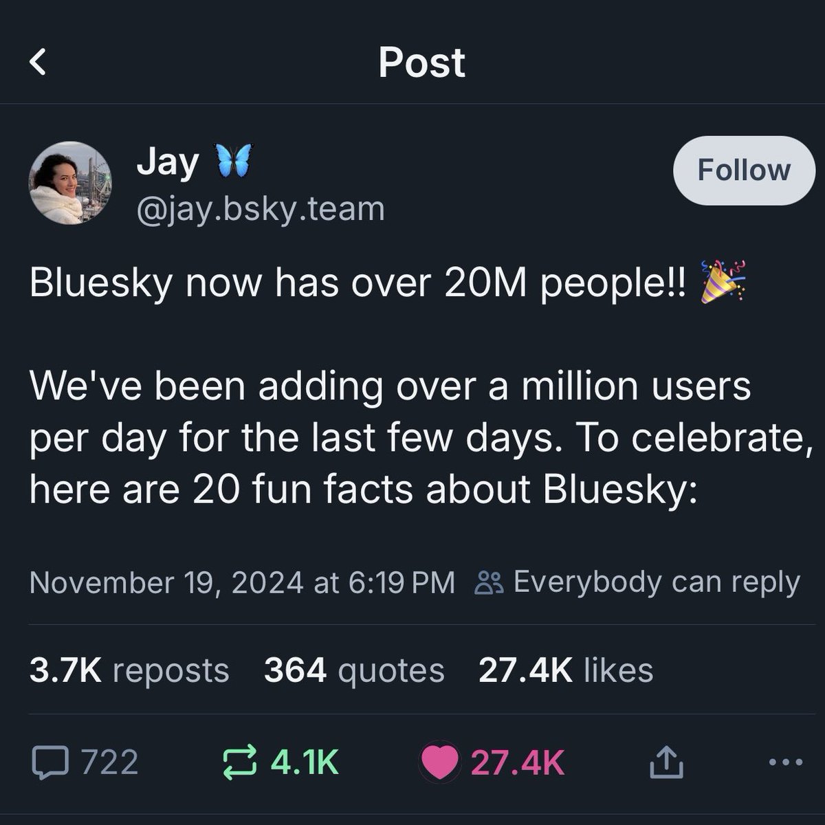 And ⁦<a href="/bluesky/">Bluesky</a>⁩ just keeps on growing 

Over a million NEW users a day and people's new accounts growing followers RAPIDLY 

Probably 50 million users by Christmas 

By Easter who knows eh? 
💙