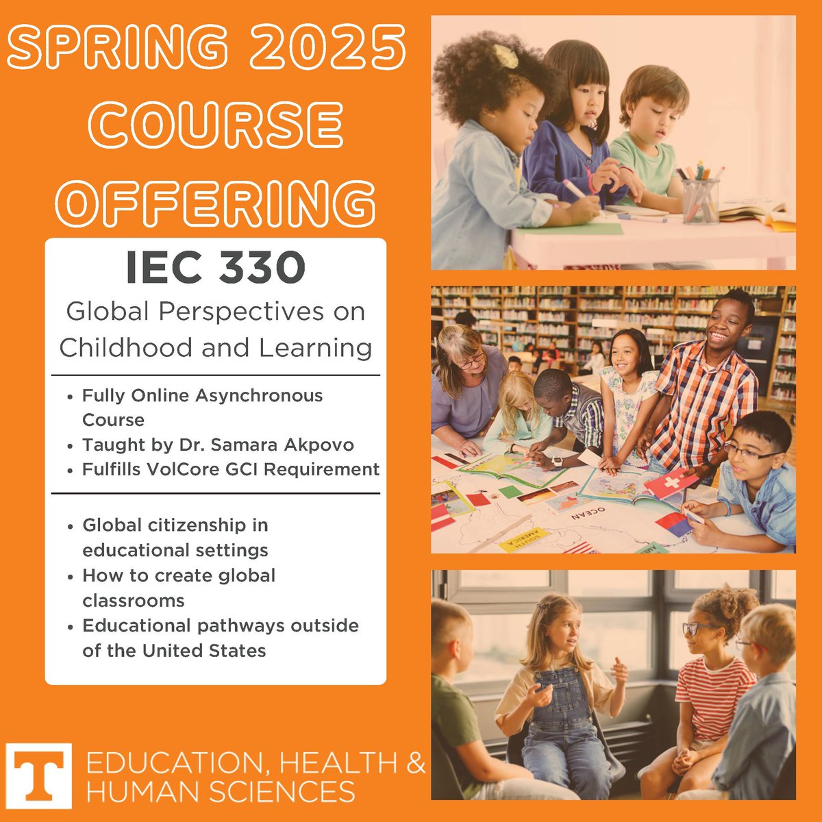 Looking for a spring '25 course that fulfills the Vol Core GCI requirement and meets online?! Look no further! IEC 330 is currently open - check it out ---&gt; before seats fill! &lt;---
and learn about educational pathways outside of the US, how to create global classrooms, and more!