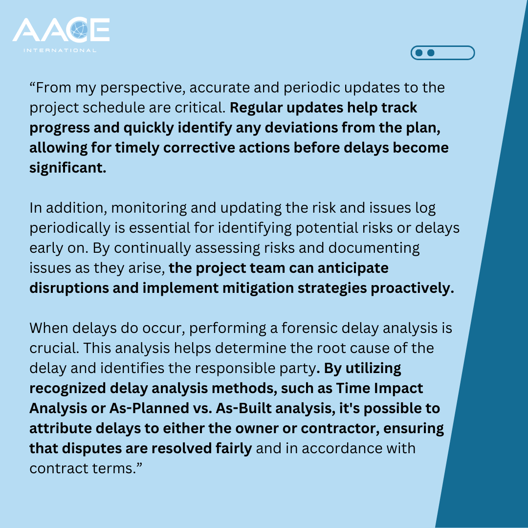 AACE_Tweets's tweet photo. Tech Tip Tuesday: The Importance of Regular Schedule Updates &amp; Risk Monitoring

According to Kosai Rajeh, keeping your project schedule updated regularly is key to tracking progress and spotting potential delays early.

#myAACE https://t.co/b9VB8yWcOC