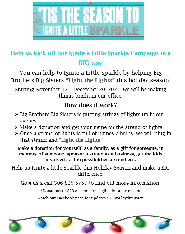 Help us to light the lights at BBBS Lloydminster.
Every donation from now until December 20 = at least 1 light bulb on our strings of Christmas lights. Once the string is full we plug them in and "Light the Lights". Give us a call or email for more information.