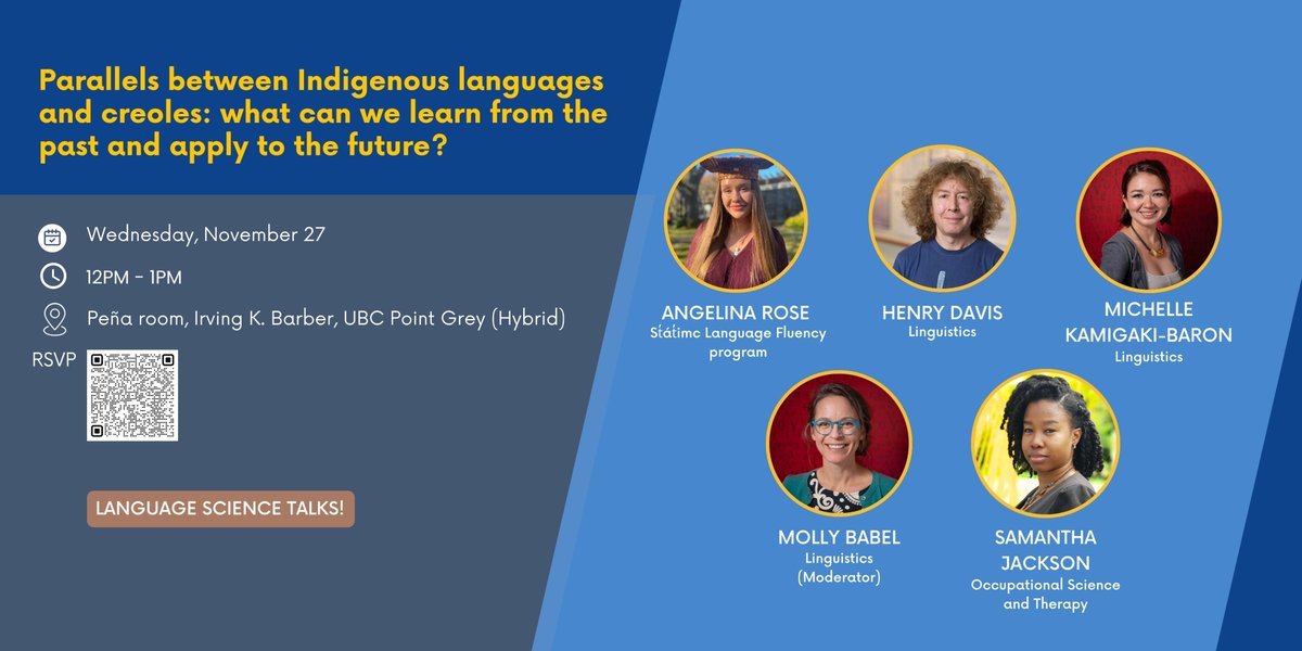 UBC Language Sciences Institute (@ubclangscis) on Twitter photo Join us on Wednesday, November 27, 2024, from 12:00pm - 1:00pm for a panel discussion on "Parallels between #Indigenous languages and #creoles: what can we learn from the past and apply to the #future?" RSVP & details: shorturl.at/LeqrU <a href="/UBCLinguistics/">UBC Linguistics</a> <a href="/UBCAnth/">UBC Anthropology</a> Join us on Wednesday, November 27, 2024, from 12:00pm - 1:00pm for a panel discussion on "Parallels between #Indigenous languages and #creoles: what can we learn from the past and apply to the #future?" RSVP & details: shorturl.at/LeqrU <a href="/UBCLinguistics/">UBC Linguistics</a> <a href="/UBCAnth/">UBC Anthropology</a>