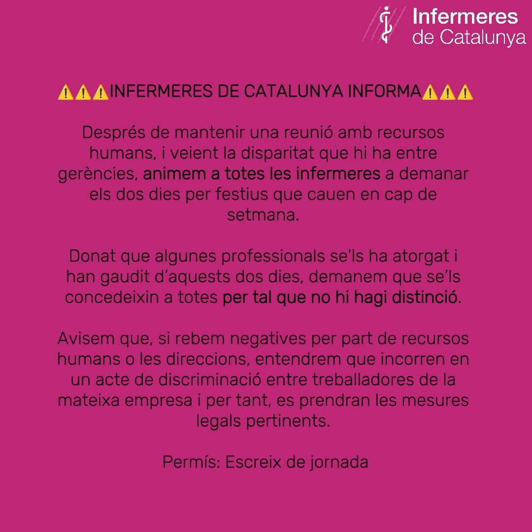 Aquest any, hi ha 2 festius que cauen en dissabte. 

El passat 31 d'octubre, Infermeres de Catalunya reclamem a RRHH ICS AP la compensació per gaudir d'aquests festius. 

Les informacions que ens donen des de les diverses gerències territorials són dispars i no coincideixen, i