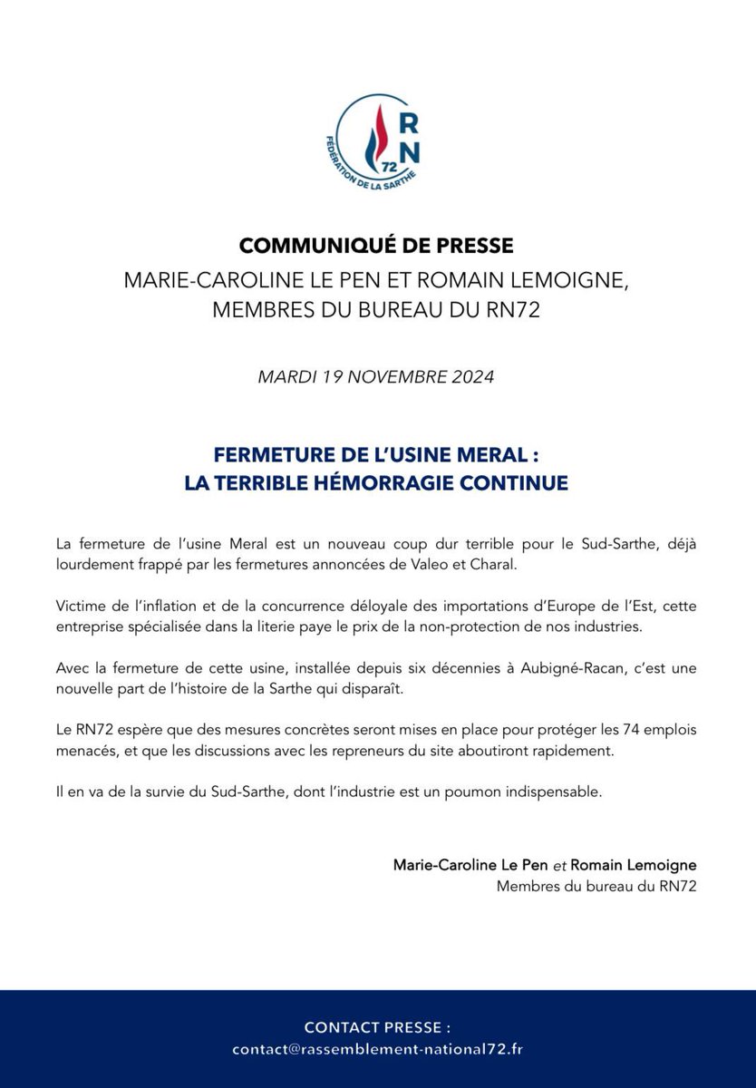 Fermeture de l’usine Meral : l’hémorragie continue en Sarthe..

74 emplois sont menacés.

Cette usine spécialisée dans la literie, installée depuis 6 décennies, paye le prix de la non-protection de nos industries.

Il est urgent de changer de politique.

<a href="/RNSARTHE/">RN SARTHE</a> <a href="/MCarolineLePen/">Marie Caroline Le Pen</a>