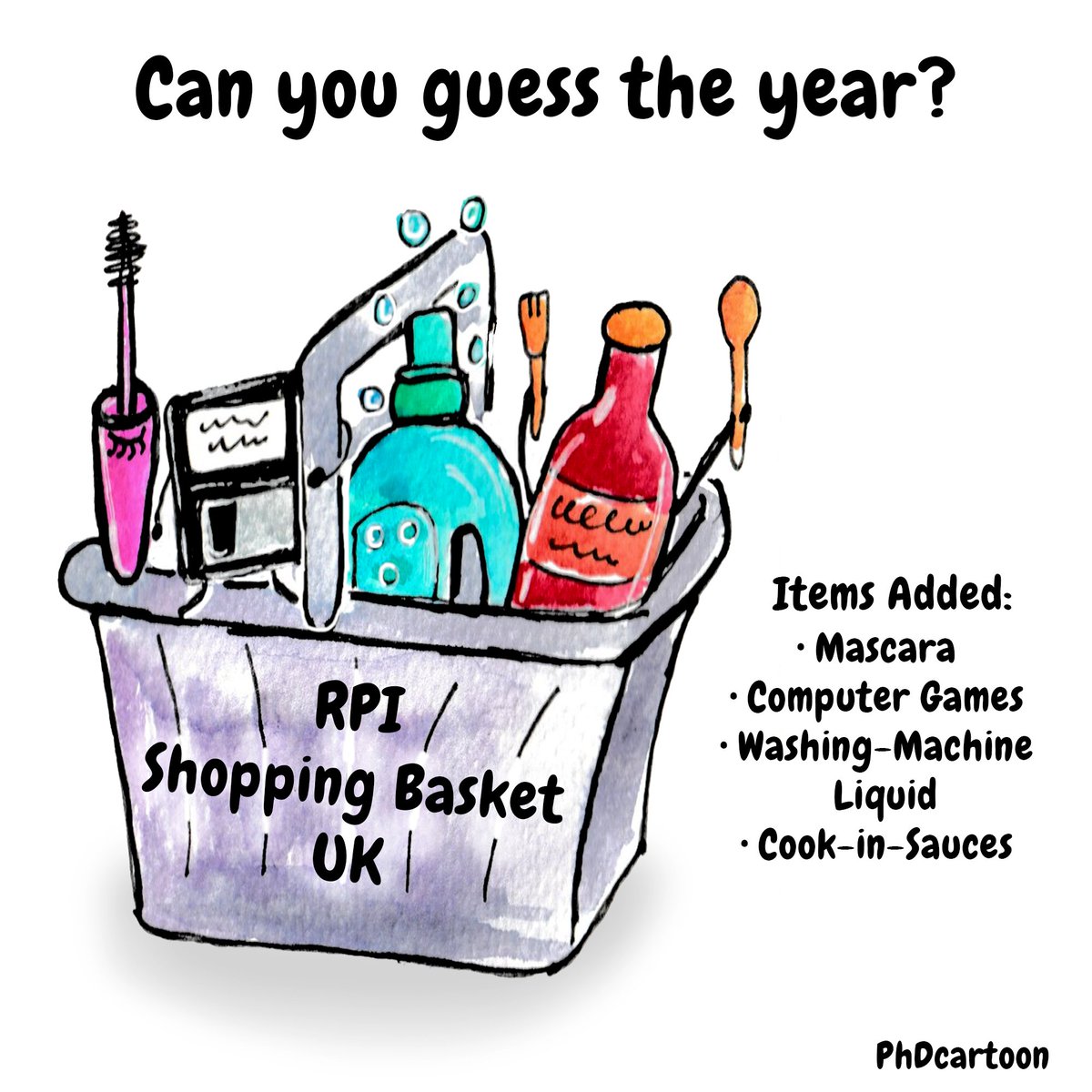 💡 Guess the Year! 🛒✨
This #PhDcartoon shows items from the UK's Retail Prices Index shopping basket in a certain year. Can you guess when they joined? 🤔 

Drop your guesses below! 👇

to learn more about this #PhDcartoon see
shorturl.at/uxnJC

<a href="/PhDVoice/">PhD Voice - Independently Run</a> <a href="/PhD_Genie/">PhD_Genie</a>