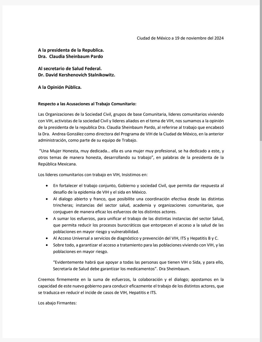 Alainwho's tweet photo. Presidenta @Claudiashein realizamos un pronunciamiento y una petición de audiencia con usted y el Secretario de Salud @DKershenobich
Estamos de acuerdo, la @SSalud_mx debe dar acceso universal en medicamentos a todas las personas que vivimos con VIH, así como prevencion combinada https://t.co/8h0KsGsJ2r