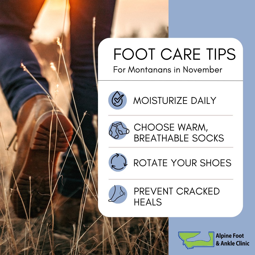 GNeibauerDPM's tweet photo. With colder weather settling in, it’s time to give your feet some extra TLC! Here are a few tips to keep your feet happy and healthy all month long:
🦶 Moisturize Daily
🦶 Choose Warm, Breathable Socks
🦶 Rotate Your Shoes
🦶 Prevent Cracked Heels
#MontanaWinter #footcaretips https://t.co/hxyd3ftlKP
