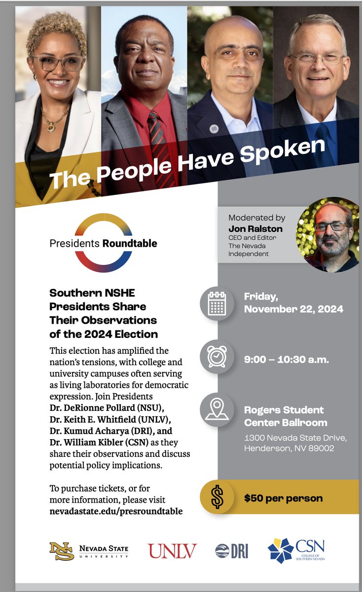 RalstonReports's tweet photo. Looking forward to moderating this discussion Friday morning among four presidents of higher education institutions in Southern Nevada. Rare to get them all in one place to talk about opportunities and challenges and the 2025 Legislature.

Hope to see you there! https://t.co/brVOdDpgOj