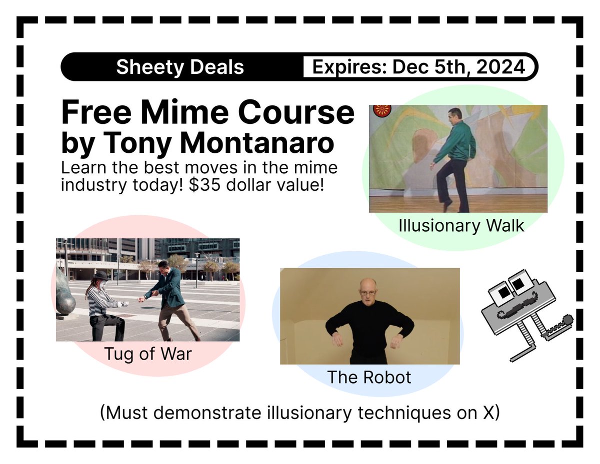 Free Mime Course for all holders!

ETH Address: 0xe2207187b3d87006D538B4463EFeCceF5Ad1a0F2 
Expiration Date: Dec 5th, 2024 

View the course here: mimespokenhere.com/learn-to-mime/