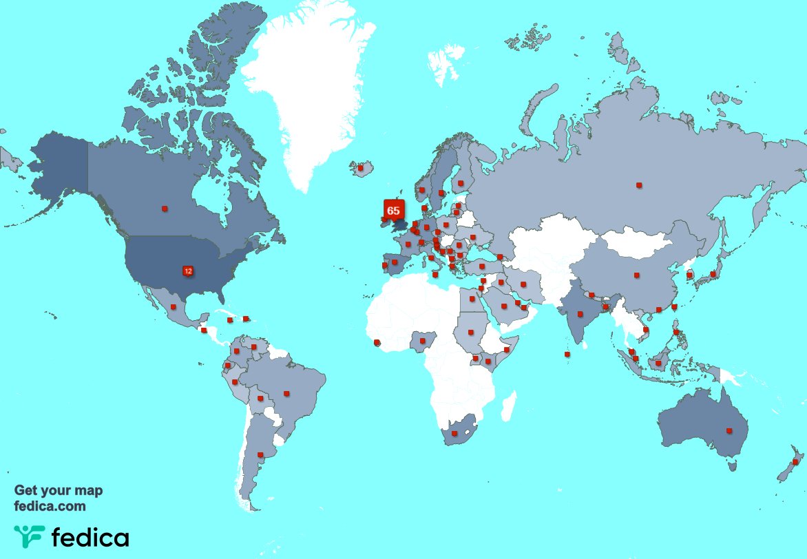 My followers live in UK. (65%), USA(12%)...
Get your map:
fedica.com/!briankelly