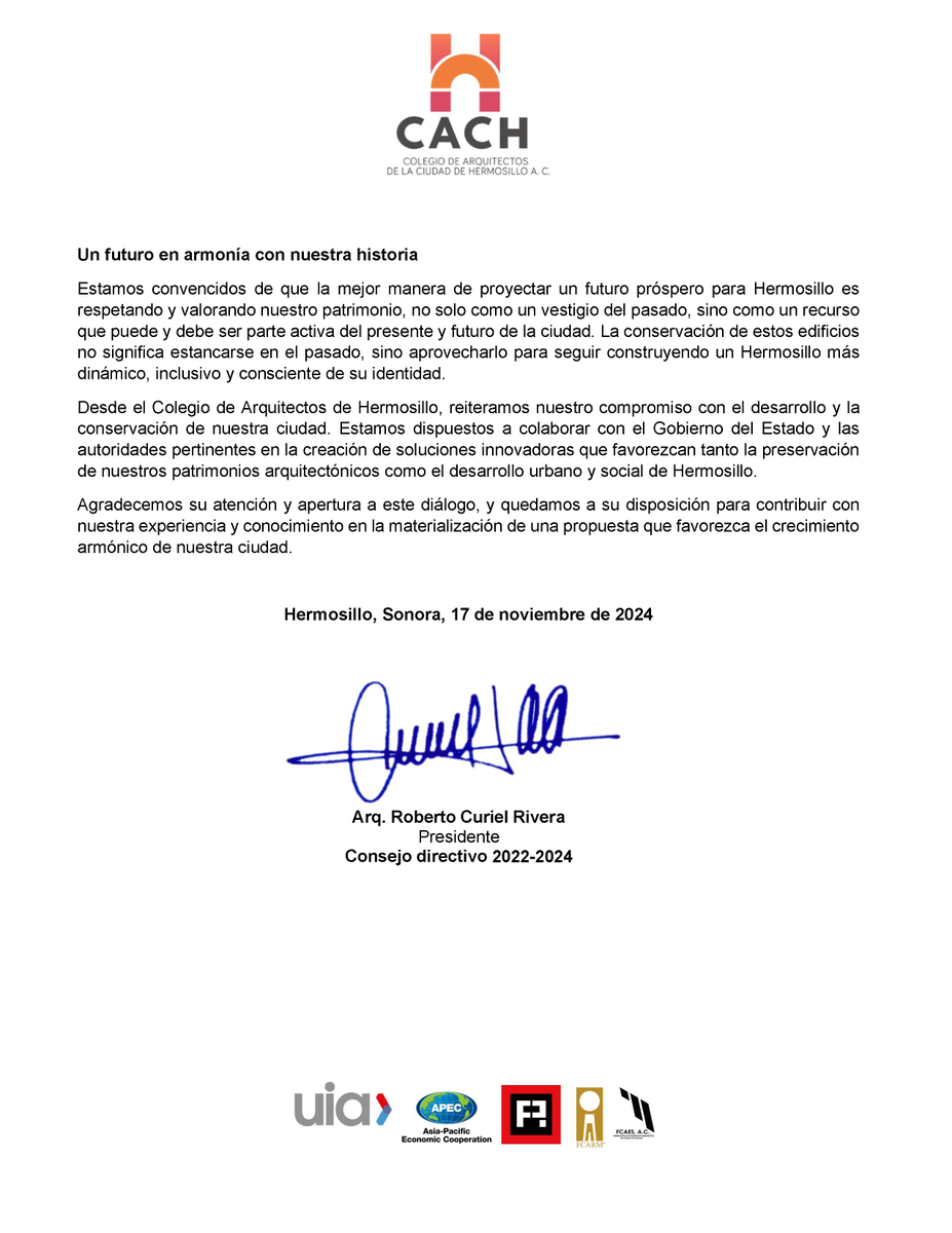 Manifiesto del Colegio de Arquitectos de la Ciudad de Hermosillo, a las y los asociados y la opinión pública