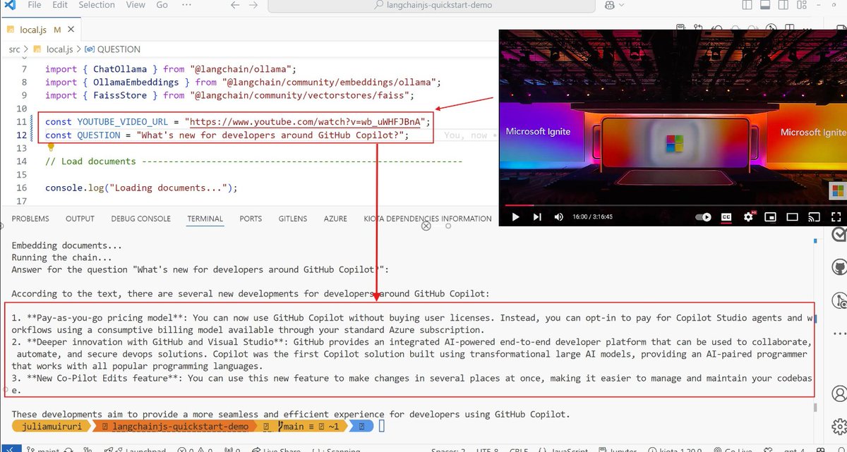 Julia Muiruri (@juliamuiruri4) on Twitter photo Use natural language to ask specific questions about announcements made today at #MSIgnite in only 3 STEPS with ZERO deployments 😮⚡
Ollama (Run models locally: all-minilm (46MB) and Llama3 (4.7GB)) + LangChain.js = Try it 👉🏽 youtu.be/_v-yNkJPEHo?si…
Credits: <a href="/sinedied/">Yohan Lasorsa</a> Use natural language to ask specific questions about announcements made today at #MSIgnite in only 3 STEPS with ZERO deployments 😮⚡
Ollama (Run models locally: all-minilm (46MB) and Llama3 (4.7GB)) + LangChain.js = Try it 👉🏽 youtu.be/_v-yNkJPEHo?si…
Credits: <a href="/sinedied/">Yohan Lasorsa</a>