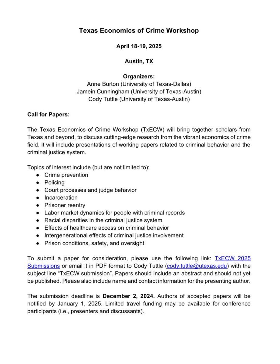 Mike Mueller-Smith 🏳️🌈 (@econ_mike) on Twitter photo Upcoming conference deadline of December 2 for TxECW! Upcoming conference deadline of December 2 for TxECW!