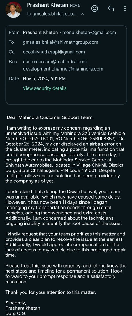 monu_me's tweet image. @anishshah21 @MahindraXUV3XO @18002096006 @viacarguru @ManAndMotor 25 days ago, I reported an airbag error in my Mahindra 3X0 (CG07CT5001) it&apos;s unresolved &amp;amp; car at service centre form 25 days for repair. RO Number: RO25B008857 (Dated 26/10/2024) Need urgent resolution. Pls Help👃