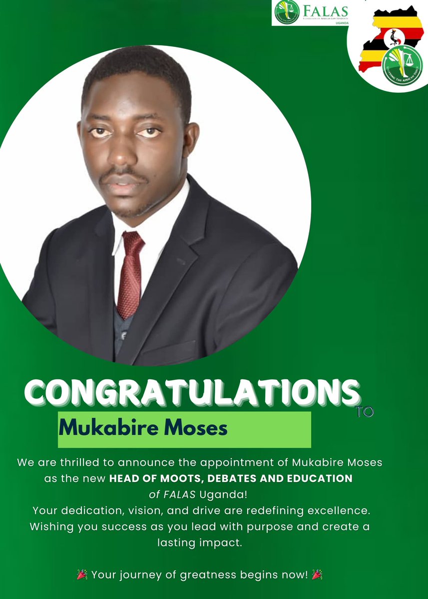 Mukabire Moses (@moses_mukabire) on Twitter photo 'm thrilled to announce my appointment as Head of Moots, Debates, and Education for <a href="/FalasUganda/">FALAS Uganda Chapter</a> As a lifelong moot court enthusiast, I can't wait to elevate legal education and advocacy in Uganda. Let's make some noise!
#FALAS #LegalEducation #Moots #Debates
<a href="/iuiuac/">Islamic University In Uganda</a> 'm thrilled to announce my appointment as Head of Moots, Debates, and Education for <a href="/FalasUganda/">FALAS Uganda Chapter</a> As a lifelong moot court enthusiast, I can't wait to elevate legal education and advocacy in Uganda. Let's make some noise!
#FALAS #LegalEducation #Moots #Debates
<a href="/iuiuac/">Islamic University In Uganda</a>